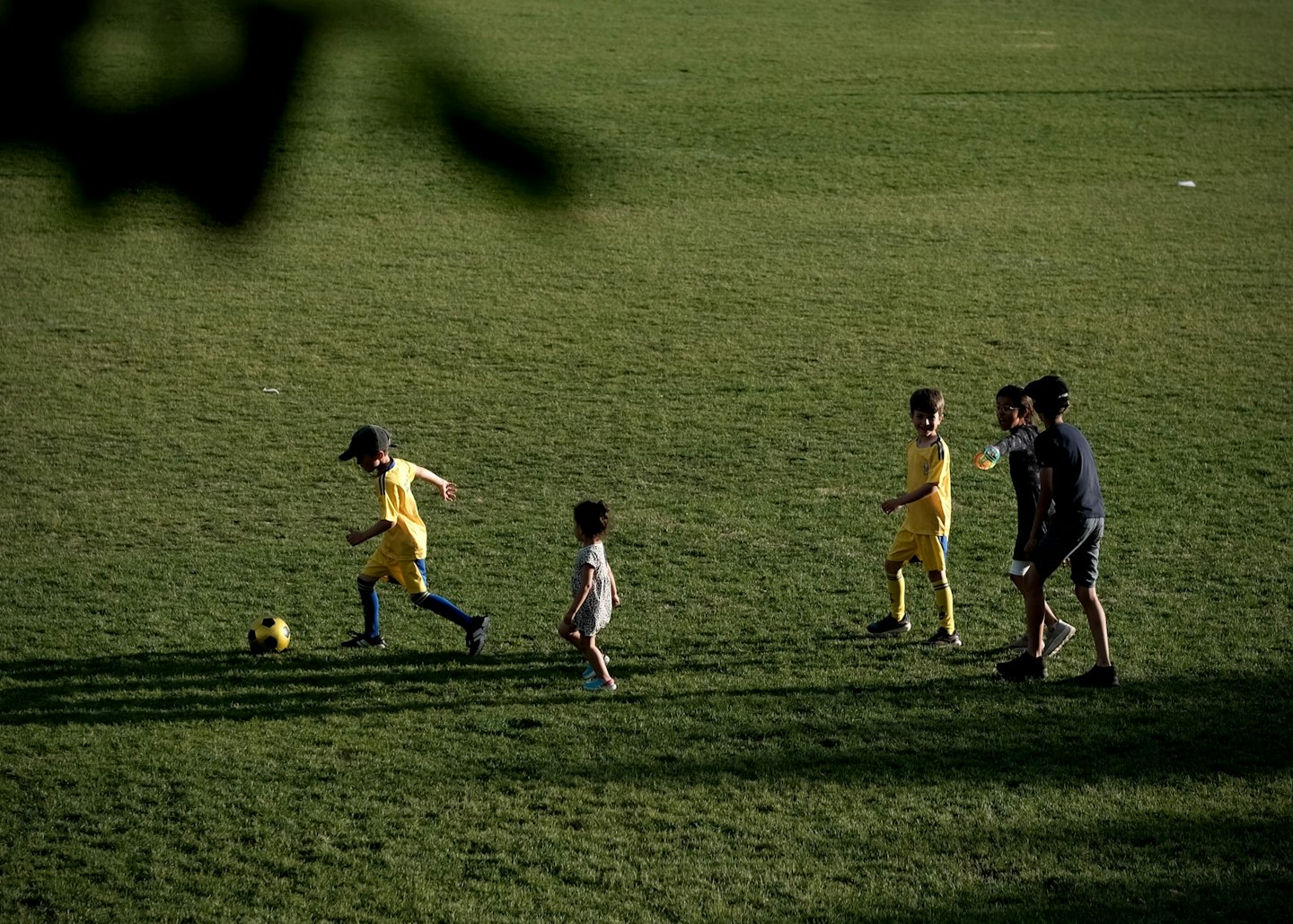 Bambini che giocano a calcio su un grande prato verde.